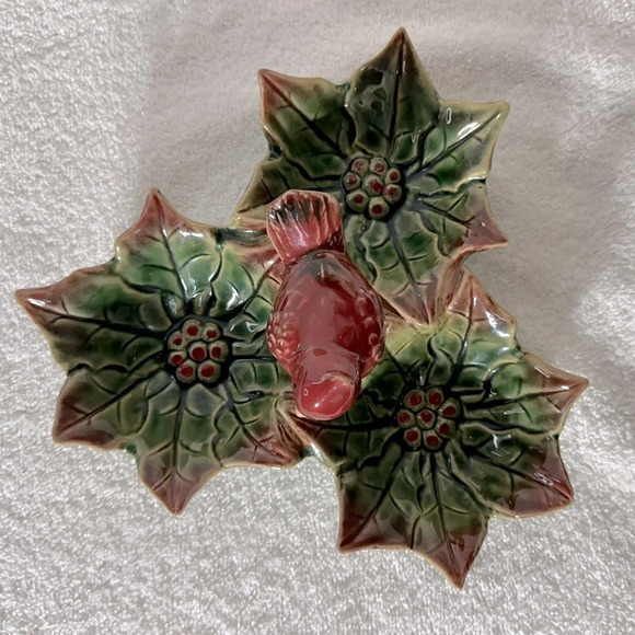 Vintage Ceramic Cardinal On  Poinsettia 3 Bowl Serving Dish - Picture 11 of 11